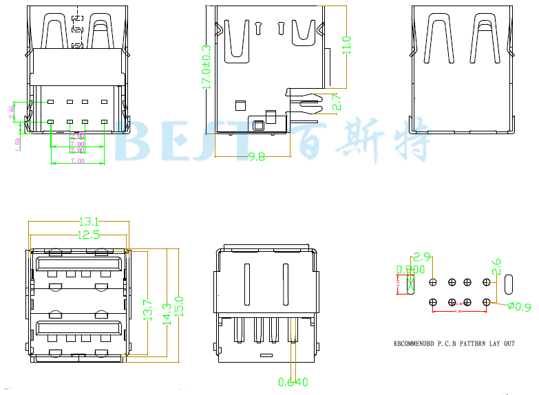 USB插座USB-A2-03參考圖紙 USB插座USB-A2-03參考圖紙