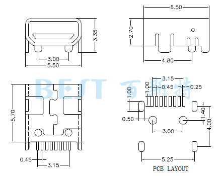 USB插座USB-4T-09參考圖紙 USB插座USB-4T-09參考圖紙