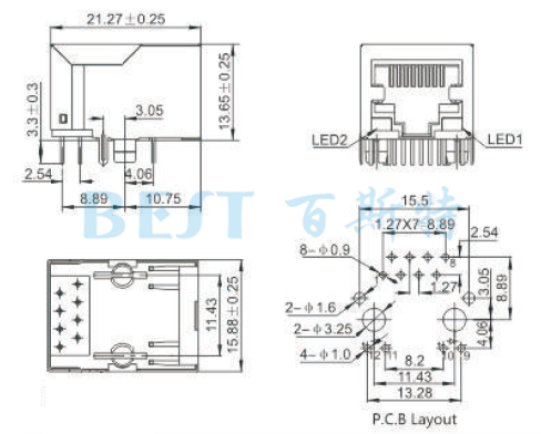 RJ45插座5621S 10P8C 1x1 F3.05參考圖紙 RJ45插座5621S 10P8C 1x1 F3.05參考圖紙