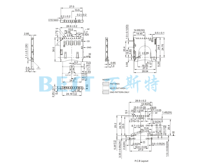 SD卡座SD-FSK-11G參考圖紙 SD卡座SD-FSK-11G參考圖紙